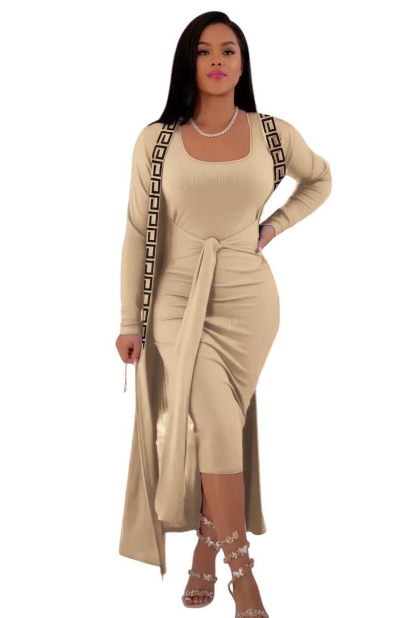Beige Geometric Fashionable Dress with a Cardigan