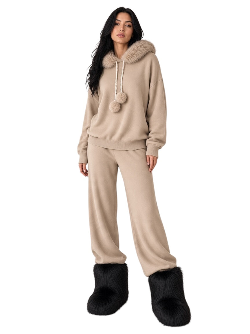 Women's Furry Hoodie with Pearl drawstring pantsuit
