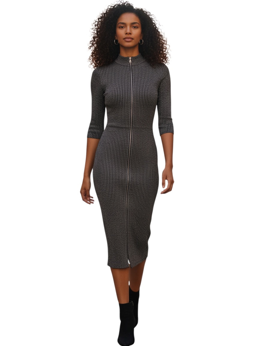 Ribbed Knit Mock Neck Midi Dress