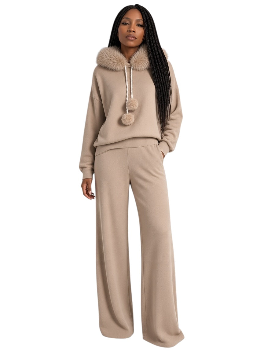Women's Furry Hoodie with Pearl drawstring pantsuit