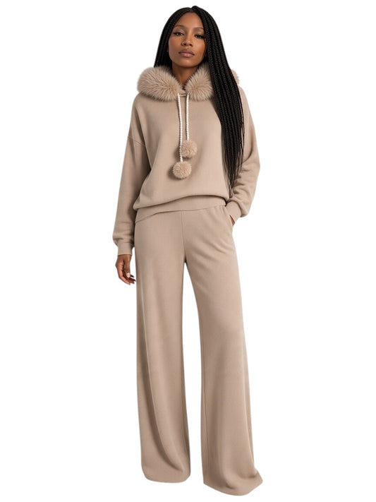 Women's Furry Hoodie with Pearl drawstring pantsuit
