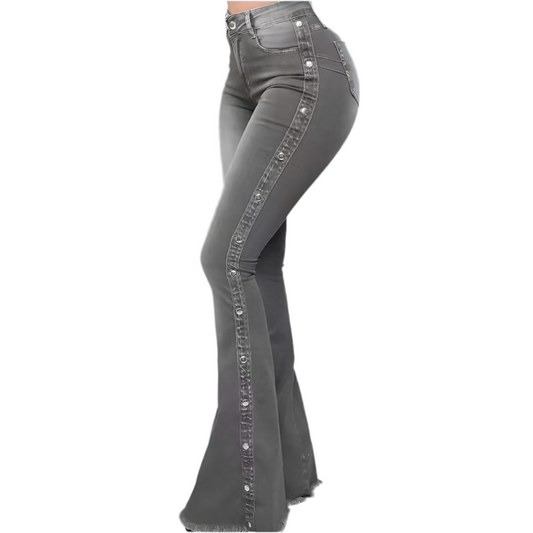 Street Streetwear Solid Color Full Length Button Flared Pants Jeans