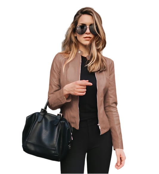 Women's Fashion Solid Color Patchwork Lite Weight Zipper Leather Jacket Small Suit